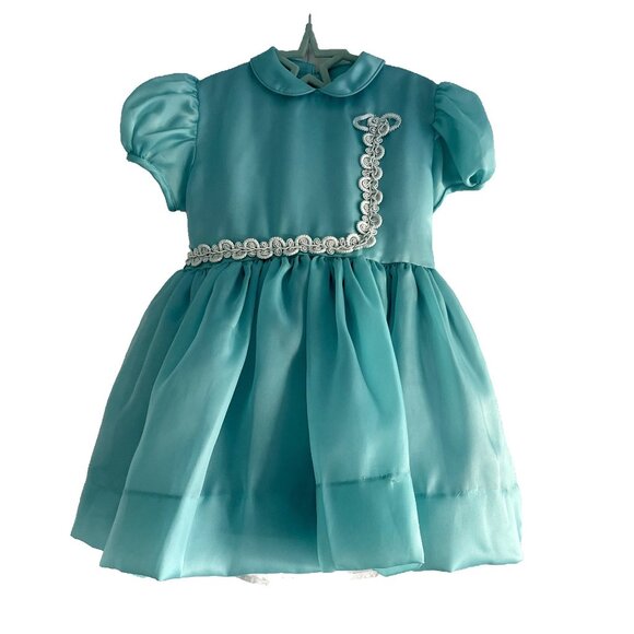 Vintage Toddler Dress, Size 3T, 1950s Aqua Blue Satin Dress for Toddler - Picture 1 of 9